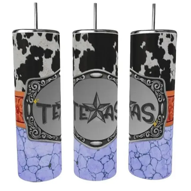 TEXAS 20oz Sublimated Tumbler with Unique Cow Print Design and Colorful Crackle Effect Finish