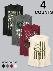 Men's 4-piece retro, Vintage washed round neck vest, silk screen printed with camouflage flags and deer head patterns, loose fit, ideal for hunting trips, patriotic activities, durable outdoor printing for hunting and patriotic style