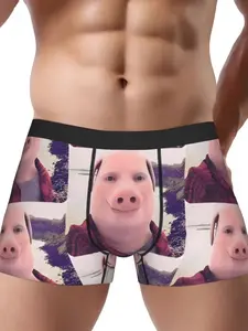 Men's Novelty Boxer Briefs with John Pork Pig Character Print Mid-Stretch Fabric Non-Transparent Hand Wash Dry Clean Humorous Casual Underwear Comfortable Fit Playful Design Moderate Elasticity Casual Attire Quirky Style