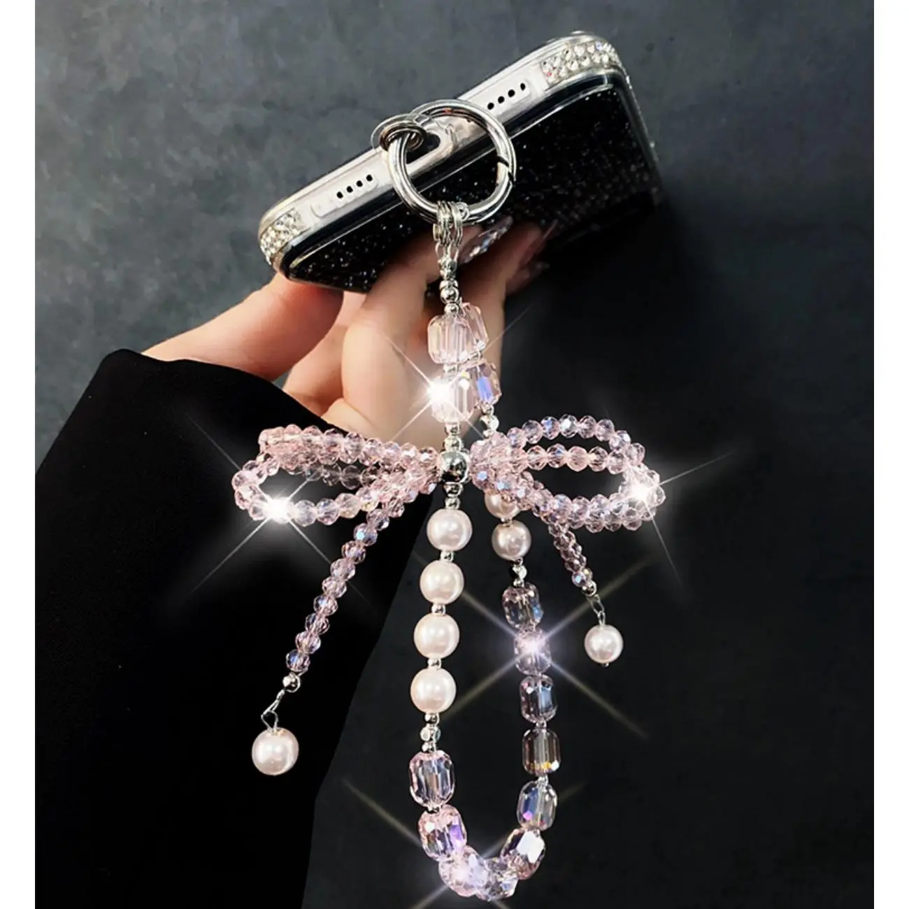 Shiny Crystal Beaded Phone Charm Wristlet for Women, Luxury Lanyard with Tether Tab for Hands-Free Smartphone & Card Holder Protection, Mobile