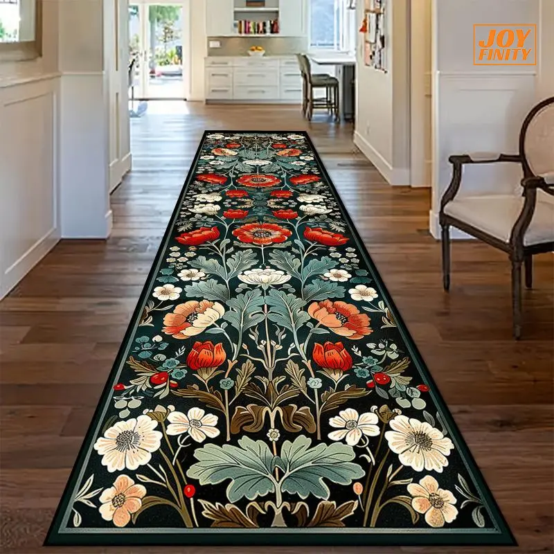 Joyfinity 1pc Large Floral Pattern Decorated Runner Rug - Rectangular Hotel Welcome Mat, Soft Comfortable Living Room Floor Carpet, Non-Slip Bedroom Bedside Mat, Decorated Runners, Floral Rug Runners, Large Ornate Runners