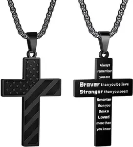 【BUY 1 GET 1 FREE】Cross Necklace with Bible Verse & American Flag Pendant – Stainless Steel Men’s Jewelry Gift | Faith-Inspired, Bold & Patriotic Chain for Him