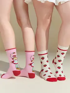 Strawberry Shortcake 2 Pairs Women Cartoon Character & Strawberry Pattern Mid-Calf Socks