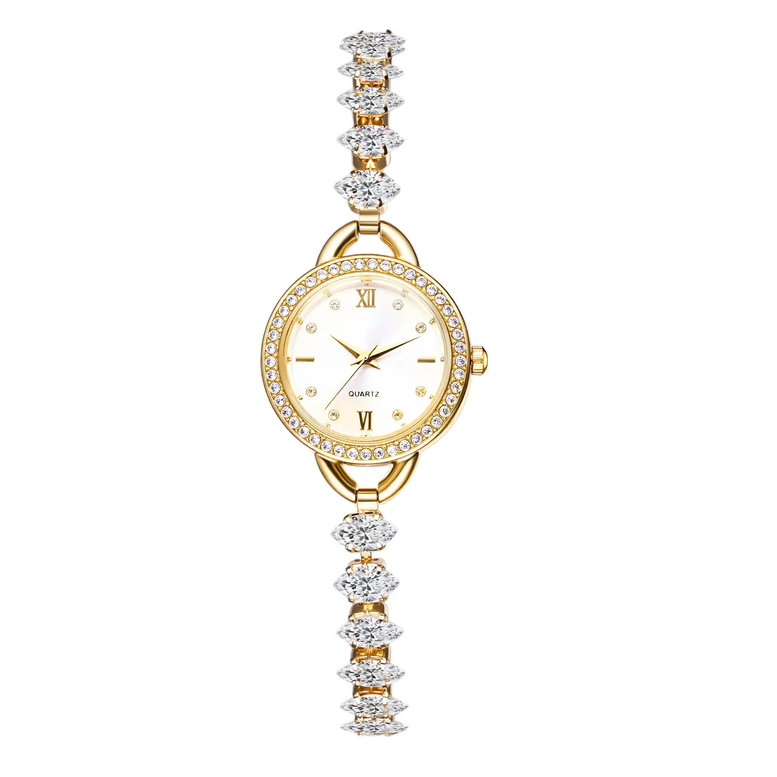 OIDEA Women's Fashionable Analog Watch, Gold Plated Iced-Out Case with Crystal Adjustable Strap, Elegant Roman Dial with Diamond Markers, Gold Plated Watch, Watches For Women, Casual/Work