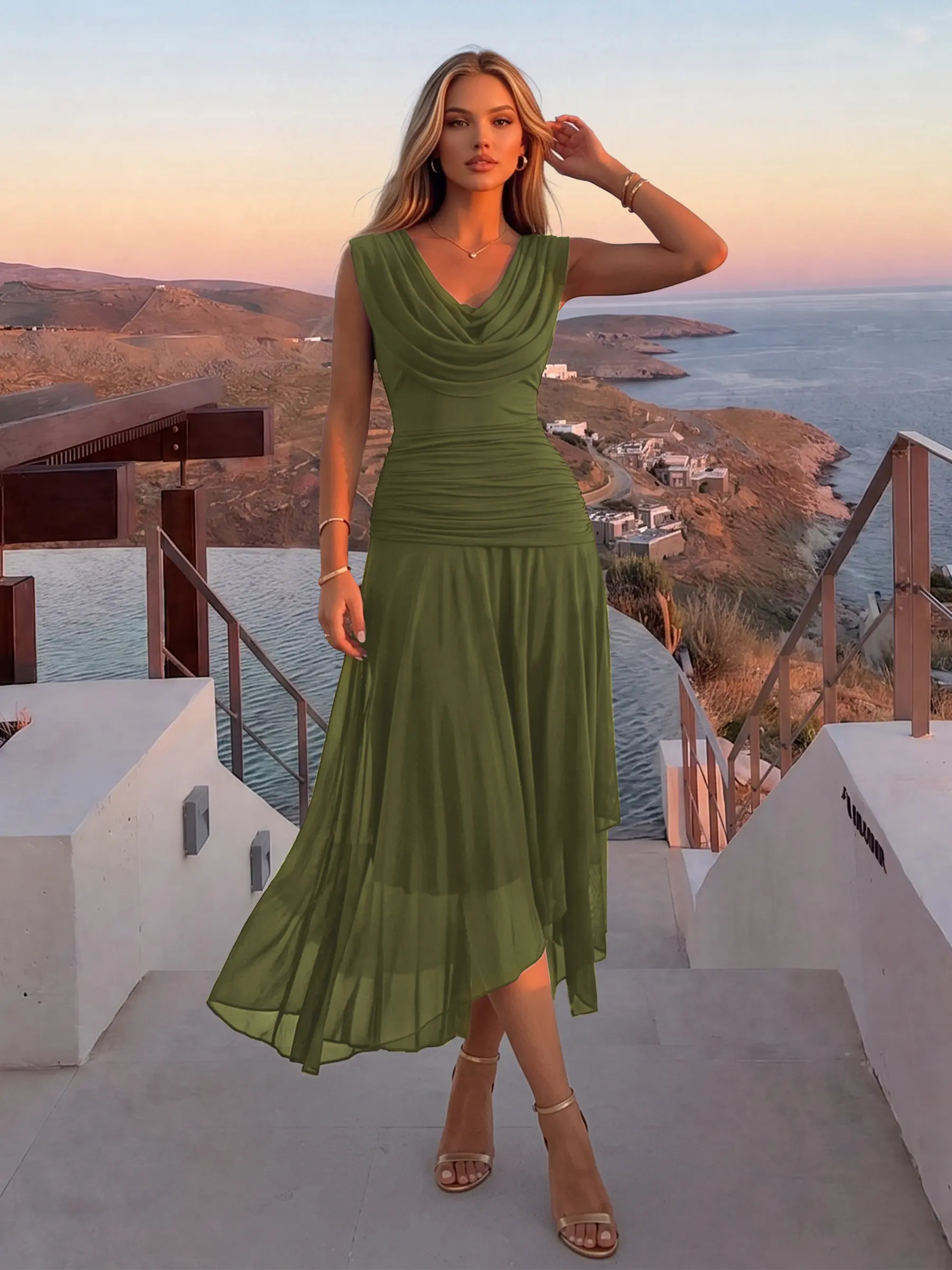 AISIZE A5602 Women's Mesh Cowl Neck Ruched Asymmetrical Cocktail Dress with Draped Convertible Neckline for Party Evening ,Summeroutfits, Vacationoutfits, Beachoutfits