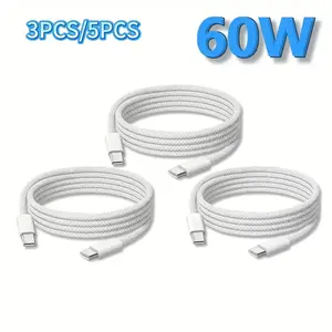 3pcs/5pcs 60w Nylon Braided USB-C Fast Charging Cable, Compatible with iPhone 17/16/15, Samsung, Android, Indoor/outdoor/travel/car Use