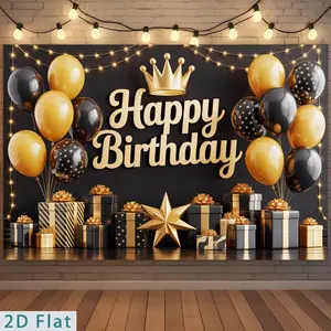 1PC,2D Flat Backdrop Black Gold Balloon Crown Happy Birthday Backdrop, Party Decoration Backdrop, Birthday Banquet Decoration Backdrop, Gift Star Element Birthday Backdrop, Festival Celebration Decoration Backdrop