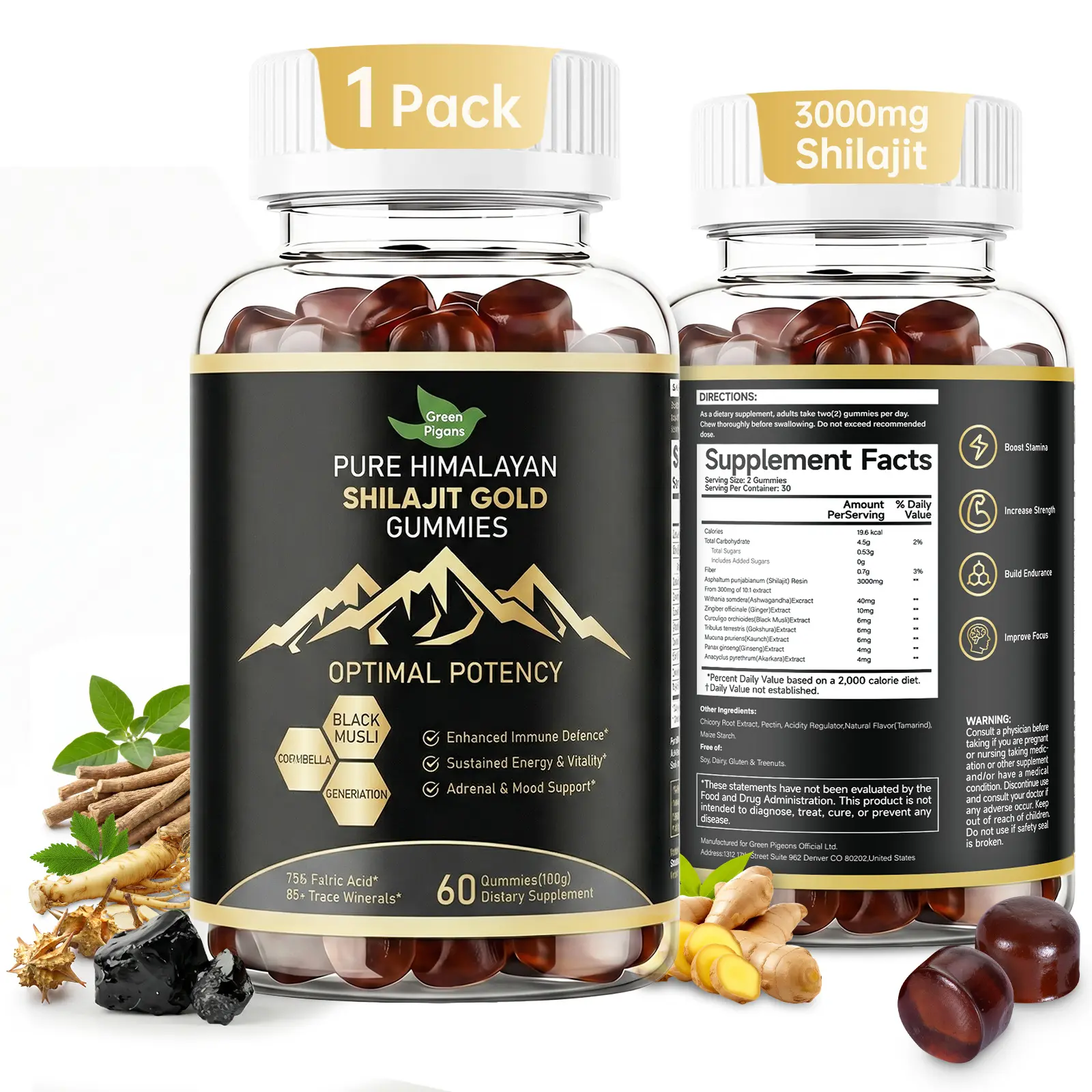 Green Pigeons | Shilajit Ultra | Adaptogen Energy Stamina Immune Antioxidants | Pure Version | 60 Capsules - Healthcare Vitamin Edible