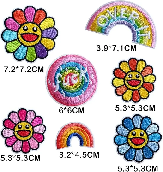 Embroidered Flower Patch, Bundle 7PCS Colorful Funny Pink Smile Sunflower Rainbow Iron On Patch DIY Decorative Repair Patch for Clothes Hats Bags Jacket Jeans Backpacks