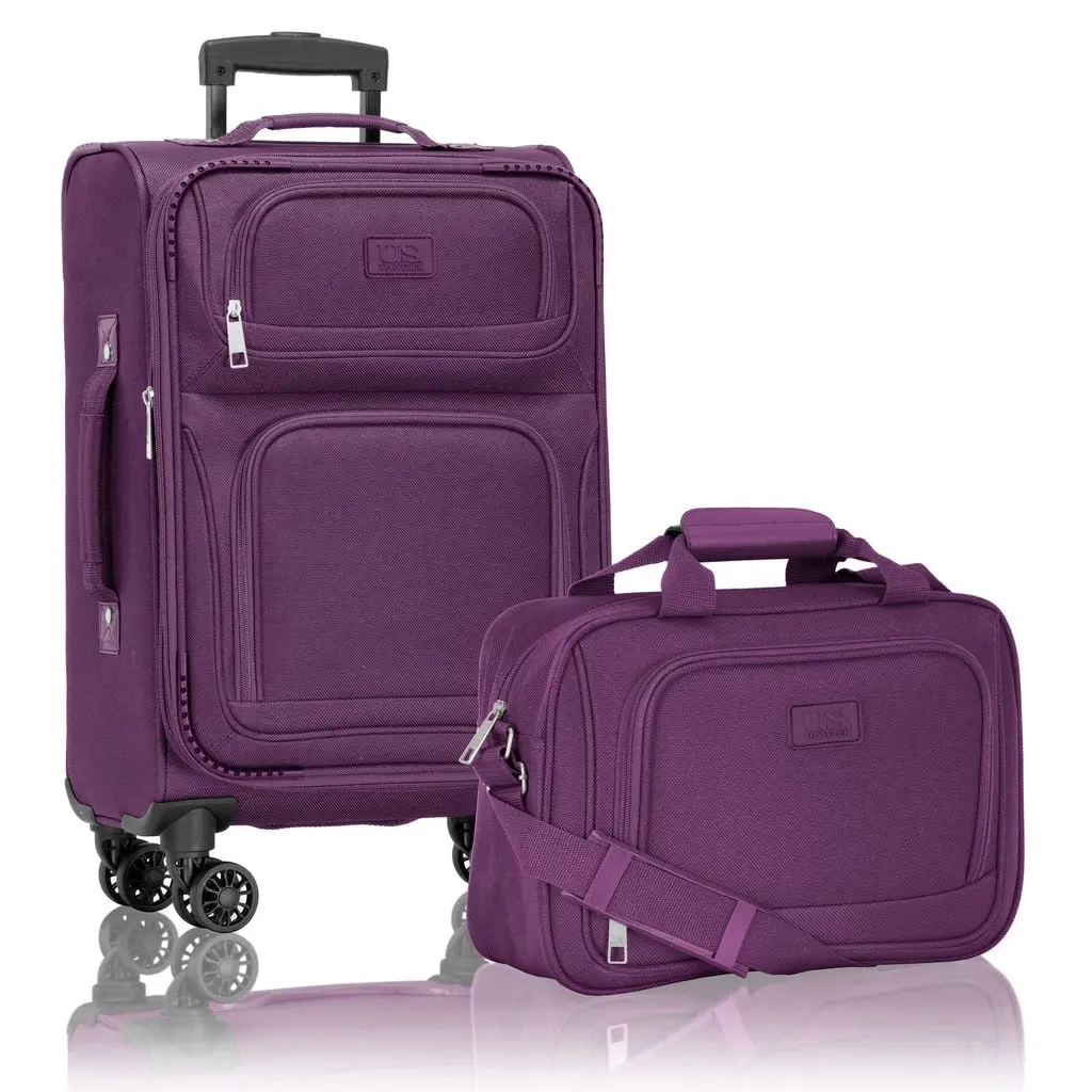 U.S Travelers Lightweight 2-Piece Rio 1200D Polyester Rugged Expandable FAA Carry-On Spinner Luggage Set with 14" Tote, 4-Wheels 360 Rotation, Pocket, Purple, 14" W x 9.5" H x 5" D, for Airline & International Travel (US08148L)