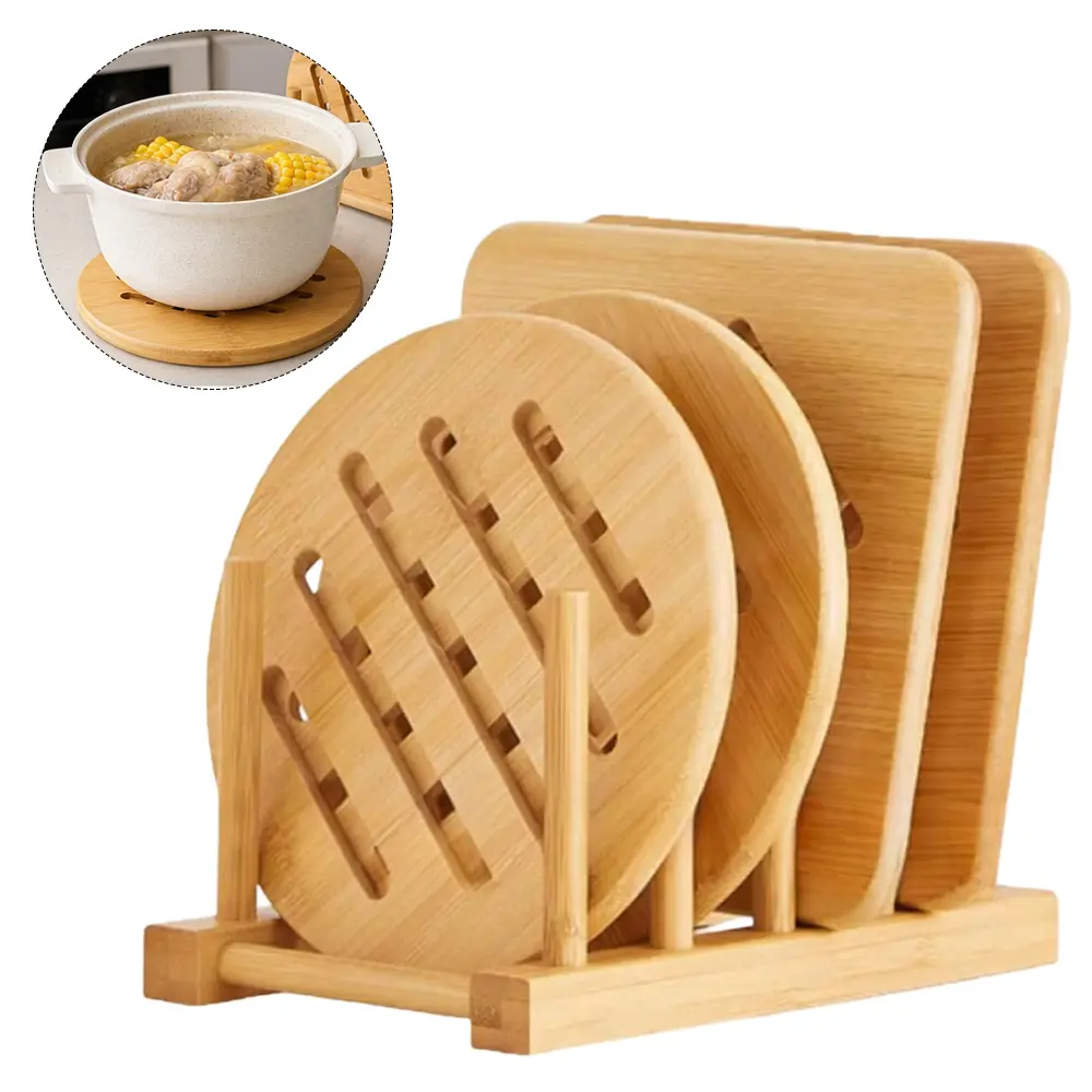 Bamboo Trivet Mats Set (4 Pcs with 1 Lightweight Sturdy Storage Rack), Round & Square Heat-Resistant Tableware Coasters, Hollow Wooden Anti-Slip Hot Pads for Dishes, Coffee Teapot, Kitchen Dining Table Decor