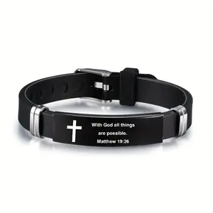2025 New Stainless Steel Inspirational Bracelet for Men, Adjustable Black Leather Strap, "With God All Things Are Possible" Matthew 19:26, Fashionable Men'S Accessory