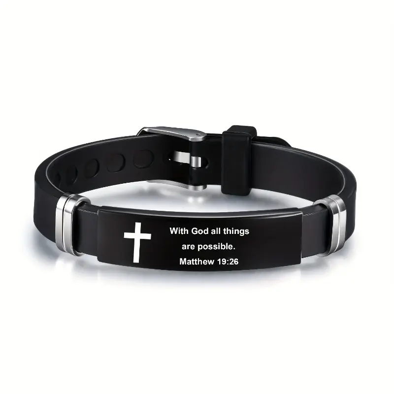 2025 New Stainless Steel Inspirational Bracelet for Men, Adjustable Black Leather Strap, "With God All Things Are Possible" Matthew 19:26, Fashionable Men'S Accessory