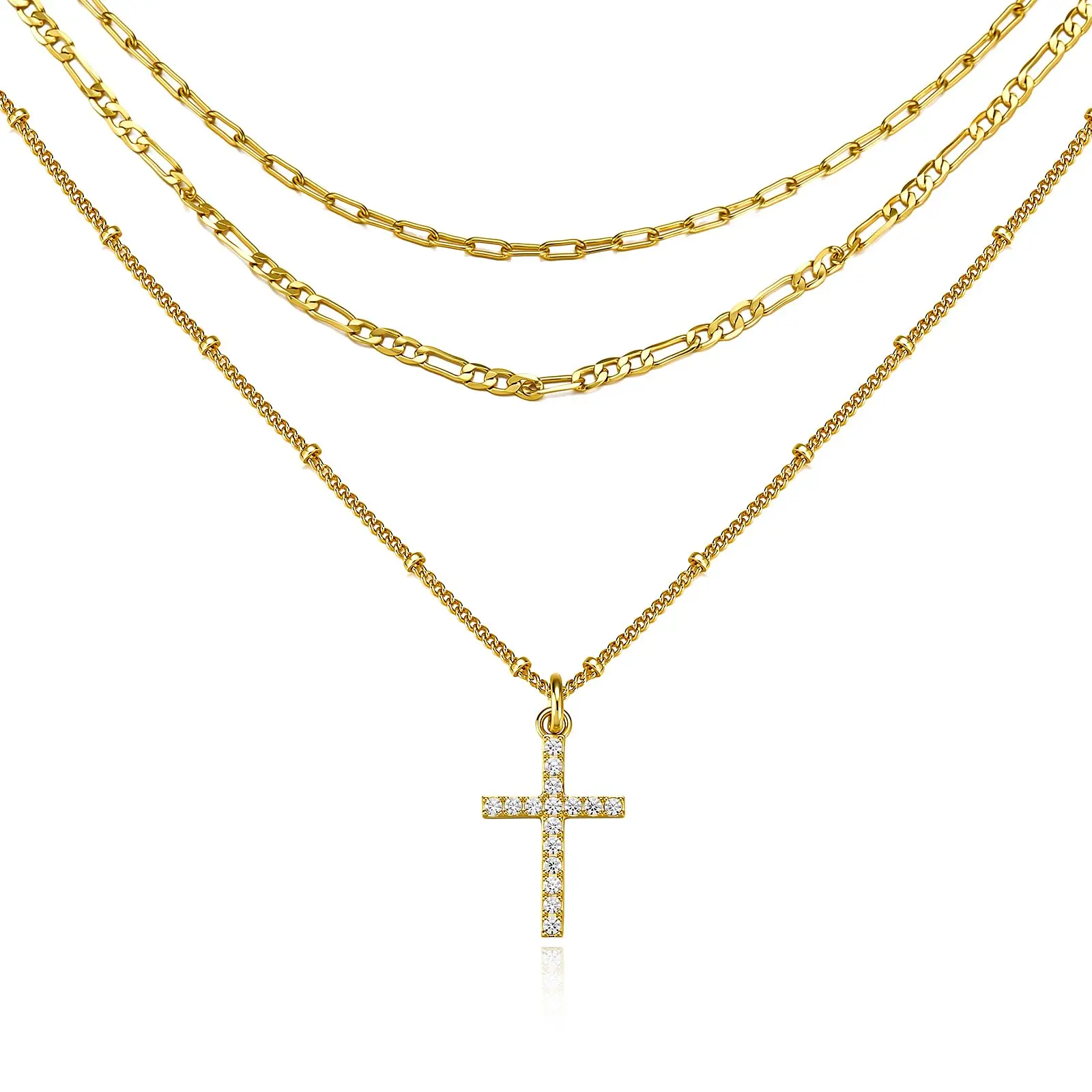 Cicy Bell Women's 18k Gold Plated Layered Necklaces Cross Vintage Cubic Zirconia Stack Long Necklace Sets Good Luck Trend Jewelry Gift