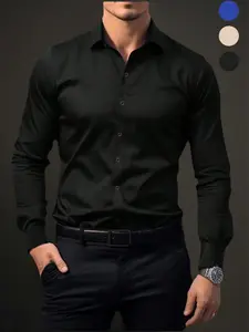 Men's Solid Long Sleeve Button Up Casual Button Collared Shirt, Business Formal Comfy Shirt for Work Office, Fashion Men's Clothes for All Seasons, Casual Stylish Menswear, Menswear