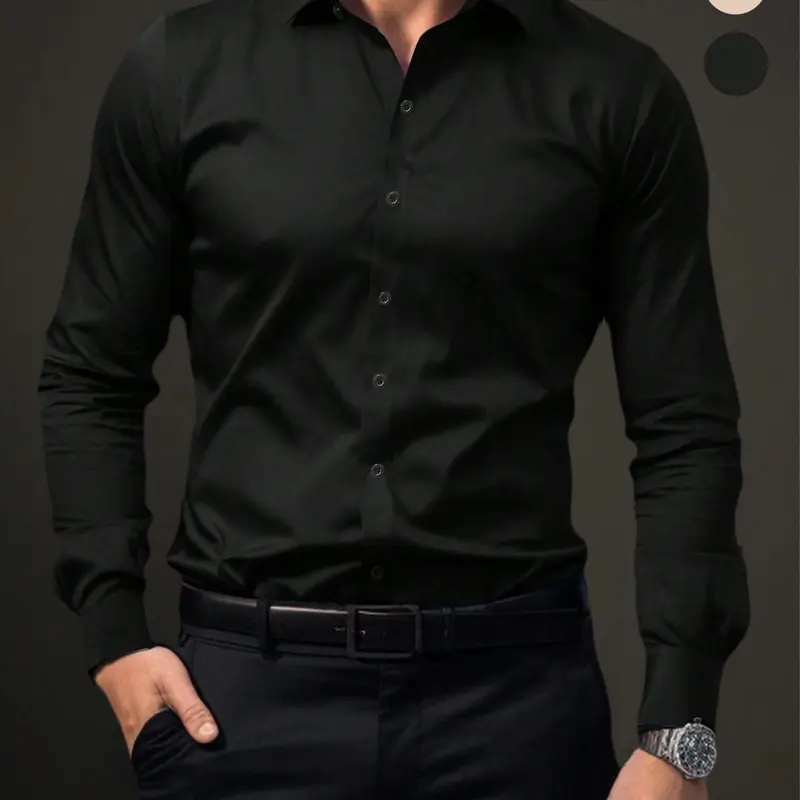 Men's Solid Long Sleeve Button Up Casual Button Collared Shirt, Business Formal Comfy Shirt for Work Office, Fashion Men's Clothes for All Seasons, Casual Stylish Menswear, Menswear
