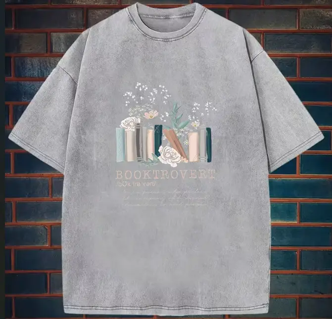 Women's "Booktrovert" Graphic Floral Short-Sleeve Oversized Round Neck Casual 100% Cotton Washed T-Shirt, Shortsleeve, Tee