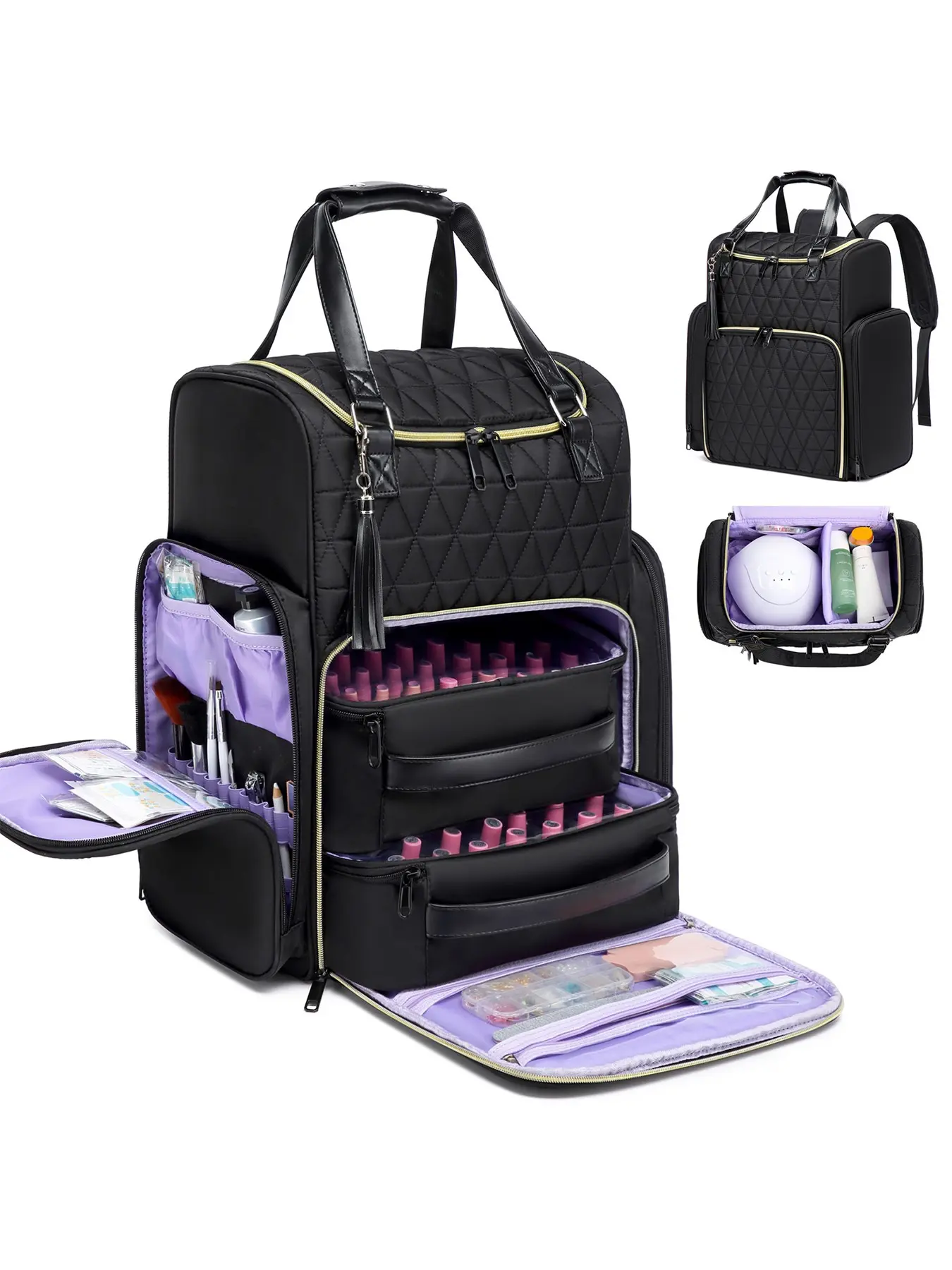 Women's Fashion Fringe Backpack, Carry Backpack, Large Capacity Multi Compartment Design Nail Polish Storage Bag, Holds 80 Bottles + Manicure Lamp, Multi-Functional Tool Organizer, Multi Pocket Backpack