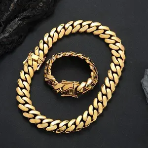 12/14/16/18/20/22mm Golden Width Heavy Mens Chunky Cuban Chain Necklace and Bracelet Set Brass Stainless Steel Miami Jewelry Hip Hop Jewelry Gifts
