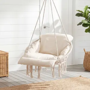 Macrame Single Hammock Hanging Chair with Oversized Padded Cushion, Indoor＆Outdoor, Hammock Swing Chair