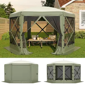 Gaomon 13x13FT 6-Sided Fold-Up Gazebo Tent, 1-Push Setup Canopy with Removable Top & Wind Cloths, Outdoor Shelter Tents for Camping, Backyard Parties - Army Green