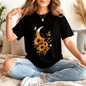 2025 New Small-Size Sunflower Printed T-Shirt (Middle East-Oriented with Star-Moon Pattern): Cotton adaptable to Middle East climate, breathable comfortable washable, small-size fit, sunflower with star-moon print