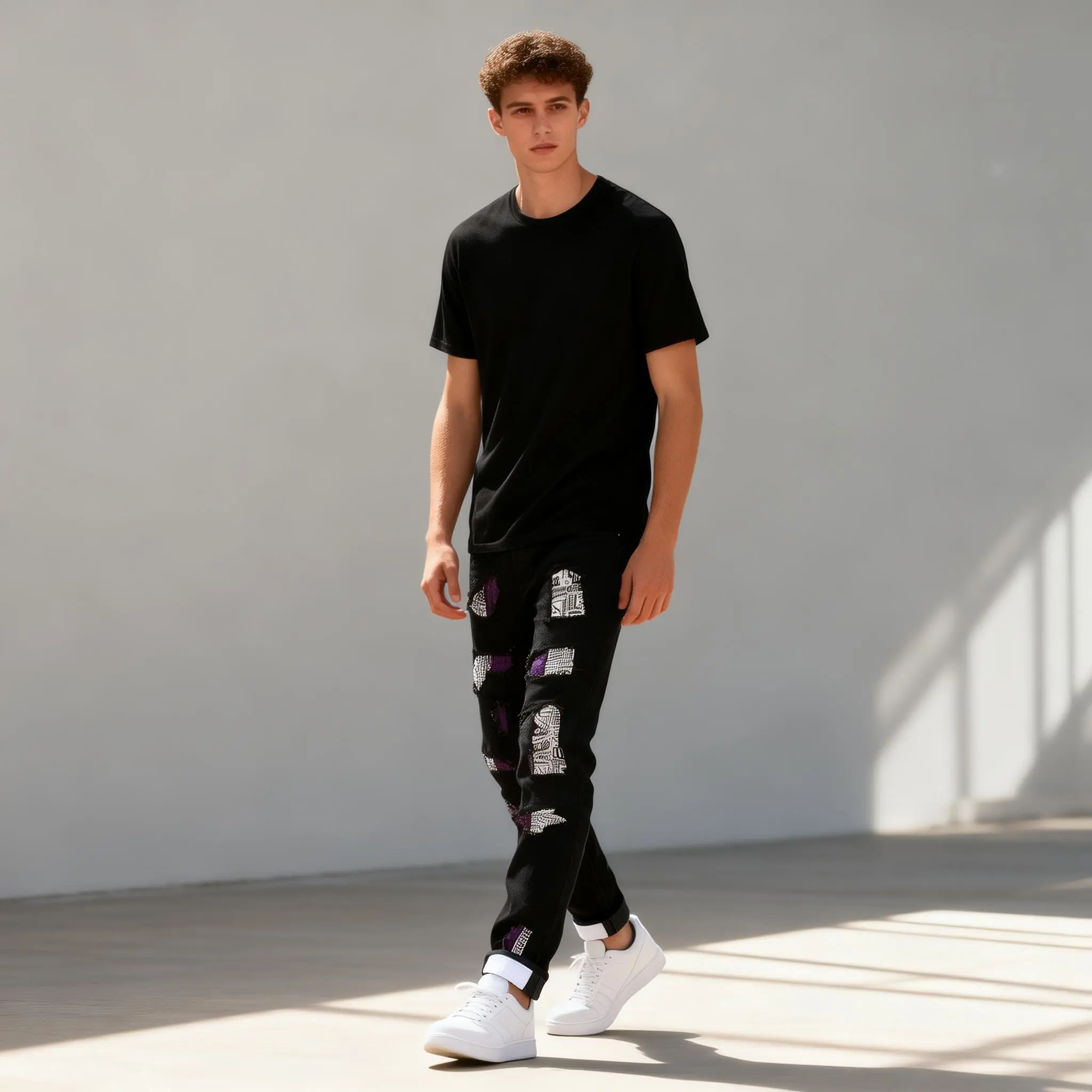 Men’s Black Distressed Patchwork Jeans, Purple and Graphic Print Ripped Denim Pants, Y2K Punk Hip Hop Streetwear Style Casual Menswear