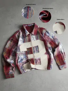 Men's Long Sleeve Streetwear Loose Fit Fabric Zipper Front Shirt, Vintage Style Reinterpretation, Classic Graphic Plaid and Ripped, Distressed Pattern Design