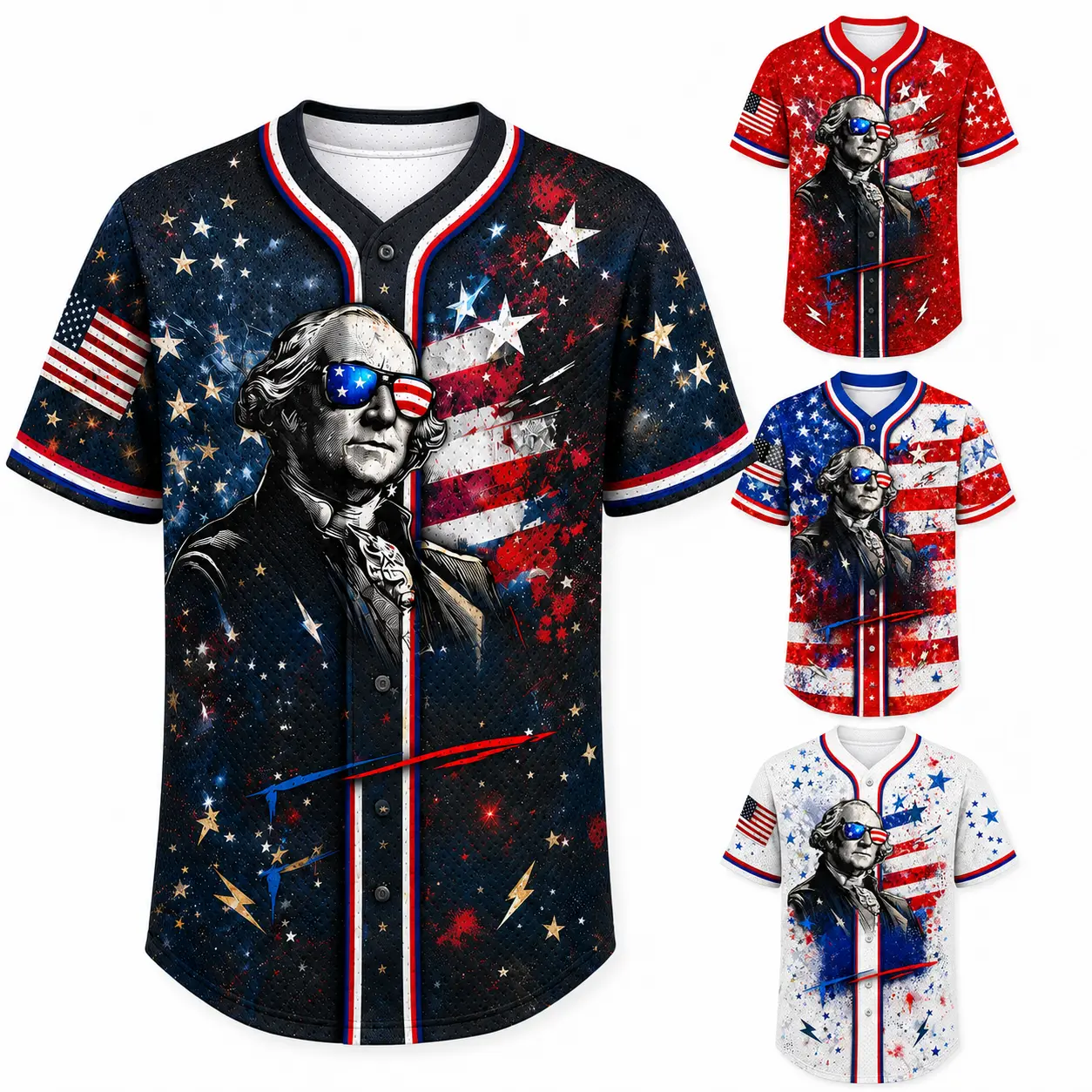 Men’s Patriotic Portrait Button-Up Graphic Shirt, USA Flag Stars Short Sleeve Baseball Style Casual Top for 4th of July tiktokshopbacktoschool