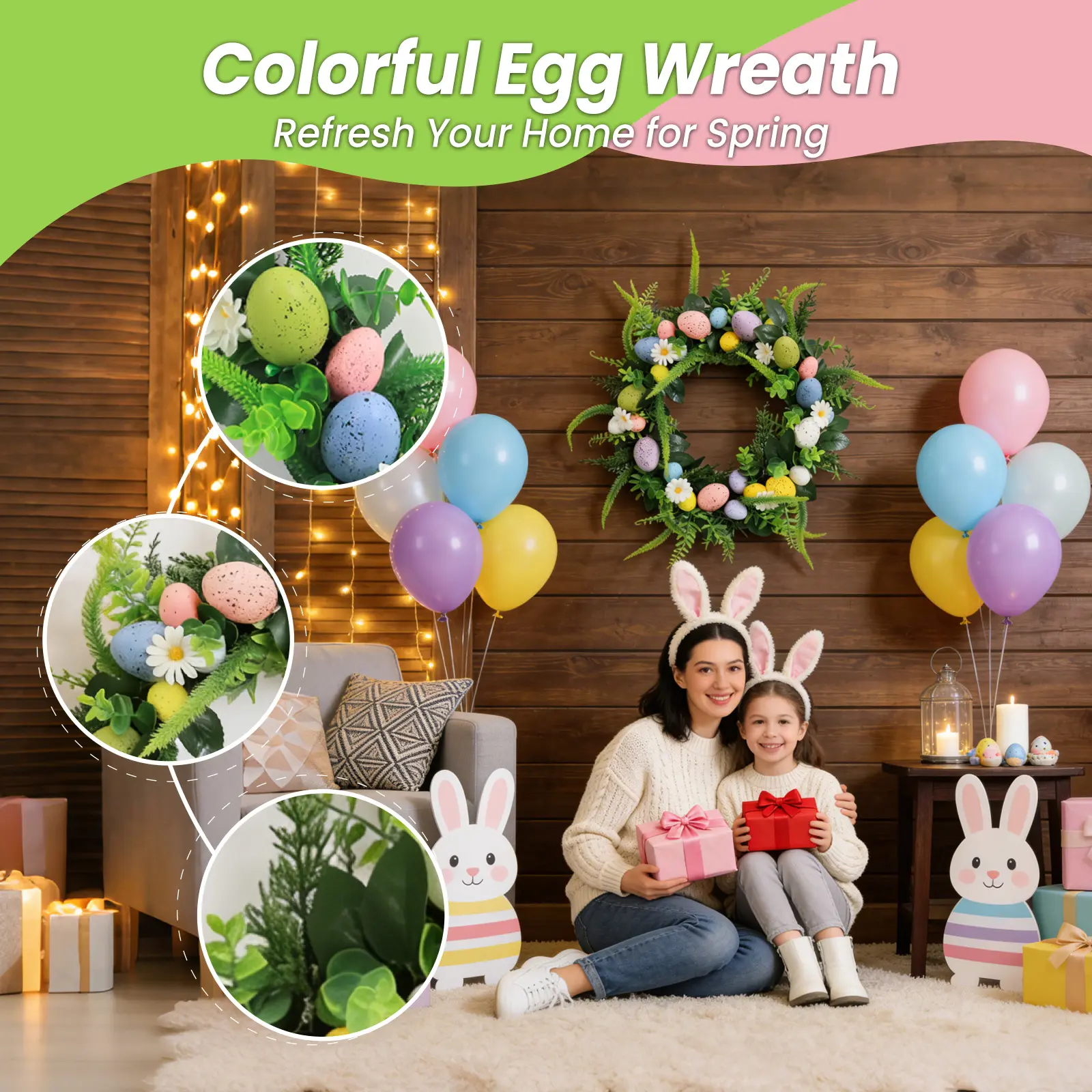 20 Inch Glitter Easter Egg Floral Wreath, Spring Door Hanging Ornament with Green Leaves, 50CM Farmhouse Indoor Outdoor Wall and Front Door Decor