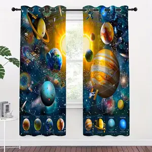 Solar System Planet Print Digital Flower Living Room Curtains, Window Curtain, Semi-Transparent Polyester Material, 2 Piece Set, Universe Decor Home Decoration, Window Hanging