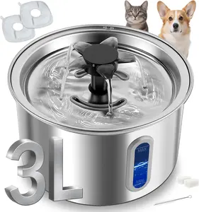 3L/101oz Stainless Steel  Water Fountain for Indoor Use - Ultra Quiet Automatic  Fountain for Drinking,  Pet Water Dispenser for Cats/Small Dogs LED Window (2 Filters & 2 Sponges, Large)
