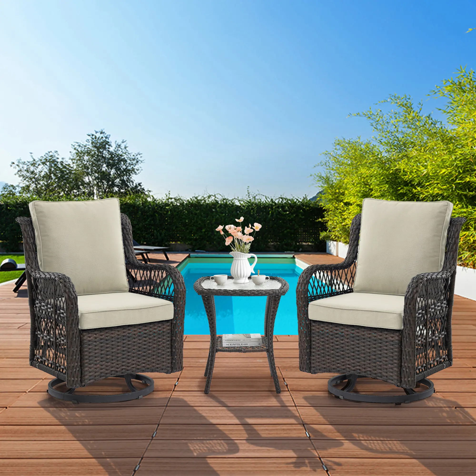 3-Piece Outdoor Patio Bistro Set | 360° Swivel Rocking Wicker Chairs with Soft Cushions, All-Weather Resistant Conversation Furniture for Backyard, Garden & Poolside