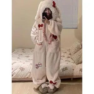 Cutebow-knotone-piecepajamas,Women'slong-sleevedhoodedzippercosplaypartypajamashomeclothes,thickenedandvelvetwarmouterwearhoodedjumpsuit,HalloweenCostumeWomenPlusSize,WomensHalloweenCostume,HalloweenCostumesWomen Loungewear Nightwear