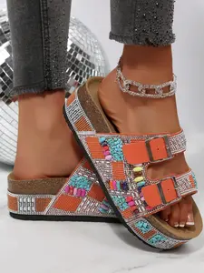 New Summer Women's Fashion Rhinestone Fisherman Sandals, Flat Bottom Beach Shoes, Footwear for Beach, Thick Sole Jute Rope Water Drill Soft Wood Slip-On