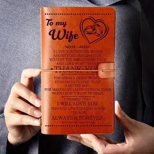 Faux Leather Refillable Journal, 140-Page Retro Look Writing Notebook with Heart Design & Personalized Message, Romantic Anniversary Gift for Wife