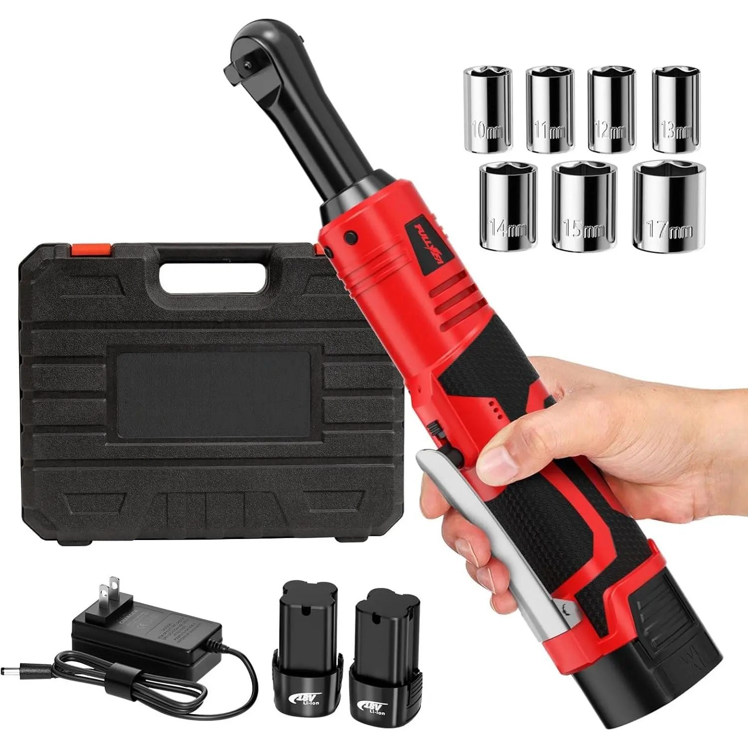 Electric Ratchet Wrench Set, 550 RPM Cordless Ratchet Wrench, 3/8" 18V Power Ratchet Tools with Variable Speed, LED Light, 7 Sockets, 2 Packs 2.0Ah Lithium-  and Fast Charger