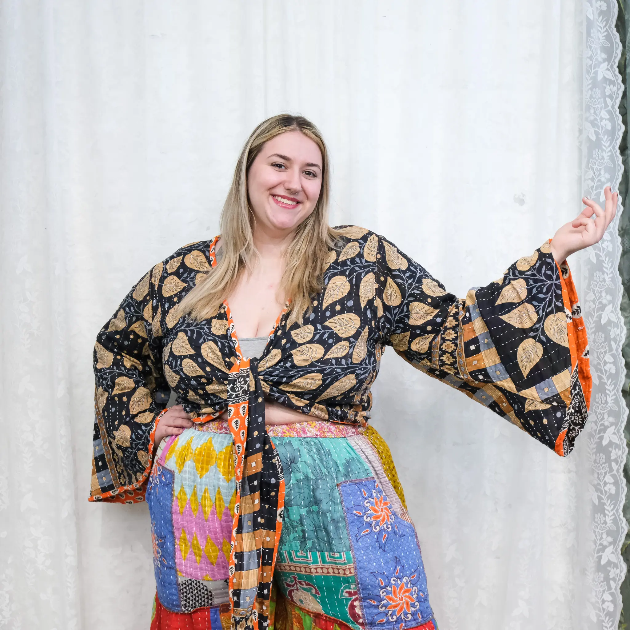 Kantha Reversible Wrap Top, Plus Size Vintage Upcycled Boho Cotton  Blouse, Three Way Tie Top, Bohemian Handmade Bell Sleeve Blouse, Hippie Boho Wrap Top