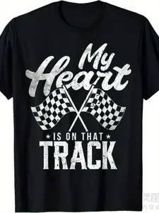 Men's & Women's My Heart Is On That Track Racing T-Shirt - Drag Race Girlfriend/Wife Checkered Flag & Track Design, Heavyweight 220gsm Pure Cotton Retro Motorsport Tee for, Drag Racing Fans (Black/White)