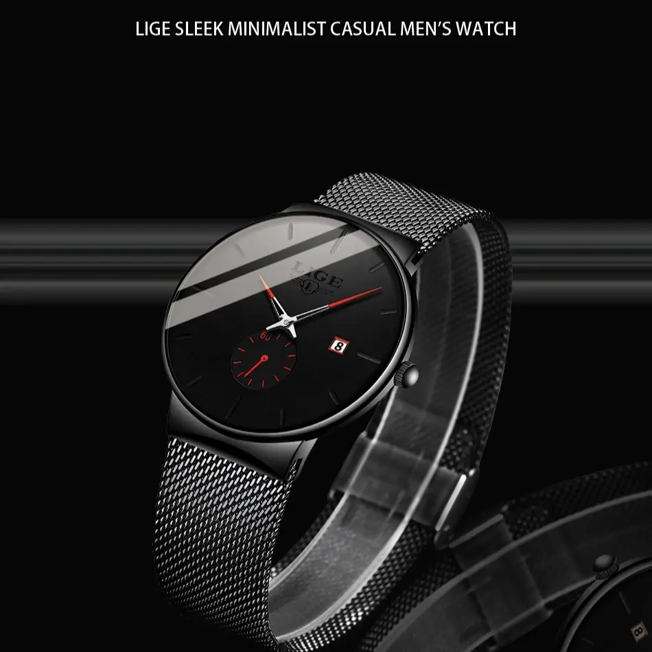LIGE Men's Watch - Minimalist Casual Fashion Watch with Mesh Strap, Thin Design, Waterproof with Calendar Feature, Round Face, 40Mm Watch