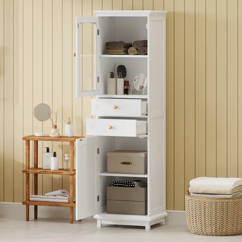 63" H Tall Storage Cabinet with 2 Doors and 2 Drawers, Bathroom Cabinet with Adjustable Shelves, for Bathroom, Living Room, Entryway, Kitchen