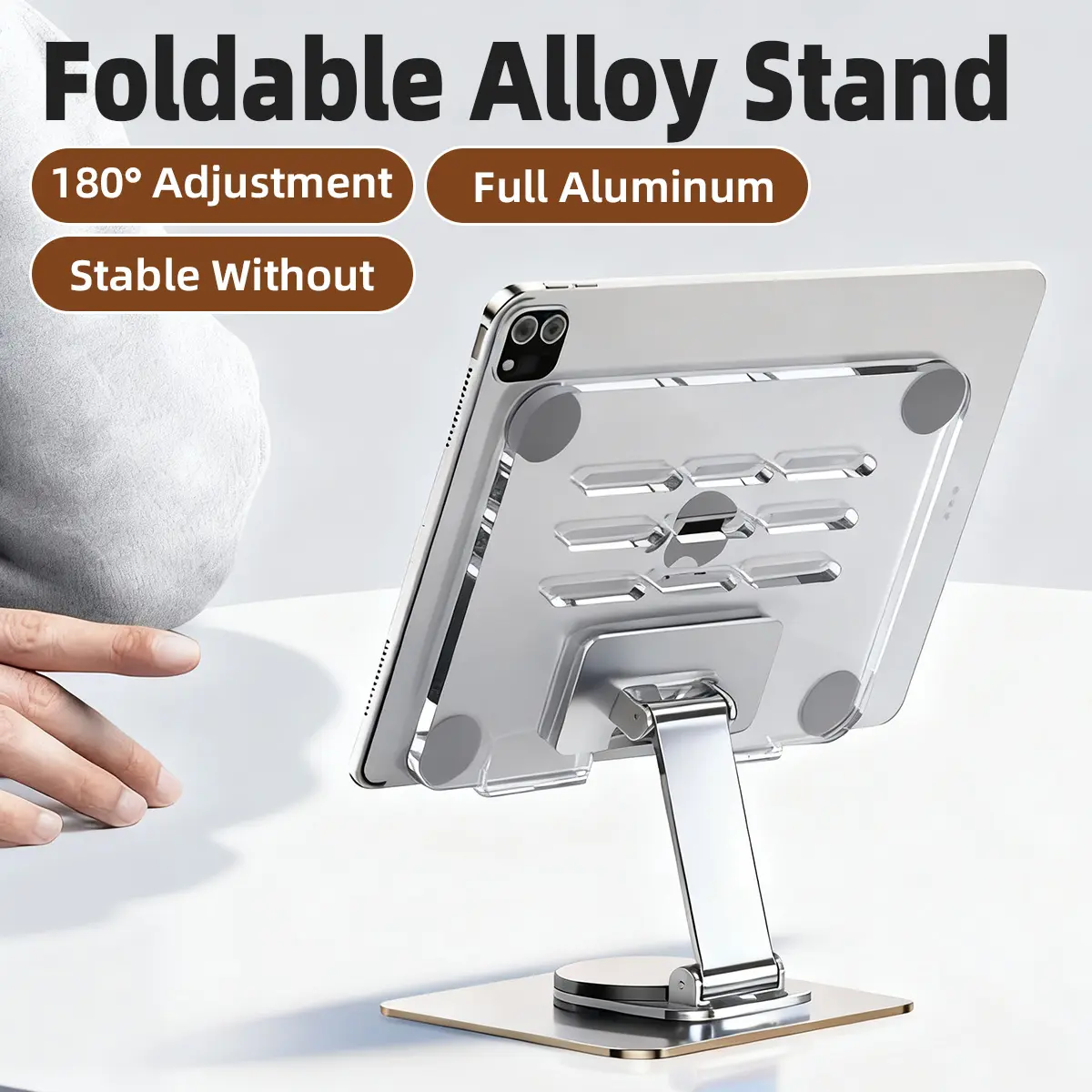 360° Rotatable Foldable Tablet Stand, Transparent Acrylic Aluminum Alloy Phone Holder, Height Angle Adjustable Anti-Slip Desk Mount for iPad All Smartphones Tablets