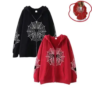 New Arrival Women’s Multicolor Spider Web Print Zip-Up Hoodie Jacket, Oversized Long Sleeve, Casual Unisex Fashion Sweatshirt/Top, Black