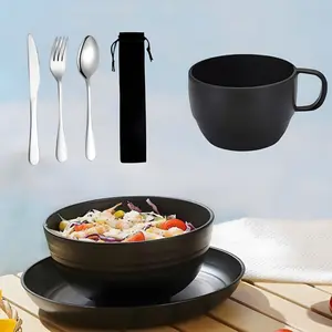 Silverware Set Camping Mess Kit with Bowl, Plate, Cup, Spoon, Fork, Knife and Carry Bag, Reusable Camping Accessories Essentials Gear Light Weight and Small Space Easy to Carry or Put in Backpack