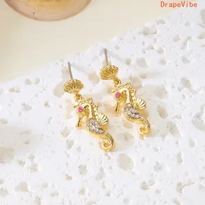 Women's Enamel Ocean Theme Earrings Jewelry - Crab, Seahorse, Scallop Designs, Faux Pearl, Rhinestone Decor, Trendy Statement Bling Accessory for Beach Sports, Fan Shop Use, Trendy Jewelry