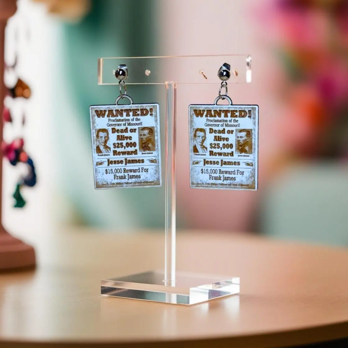 Jesse James Wanted Poster Earrings, Laser Cut Wood