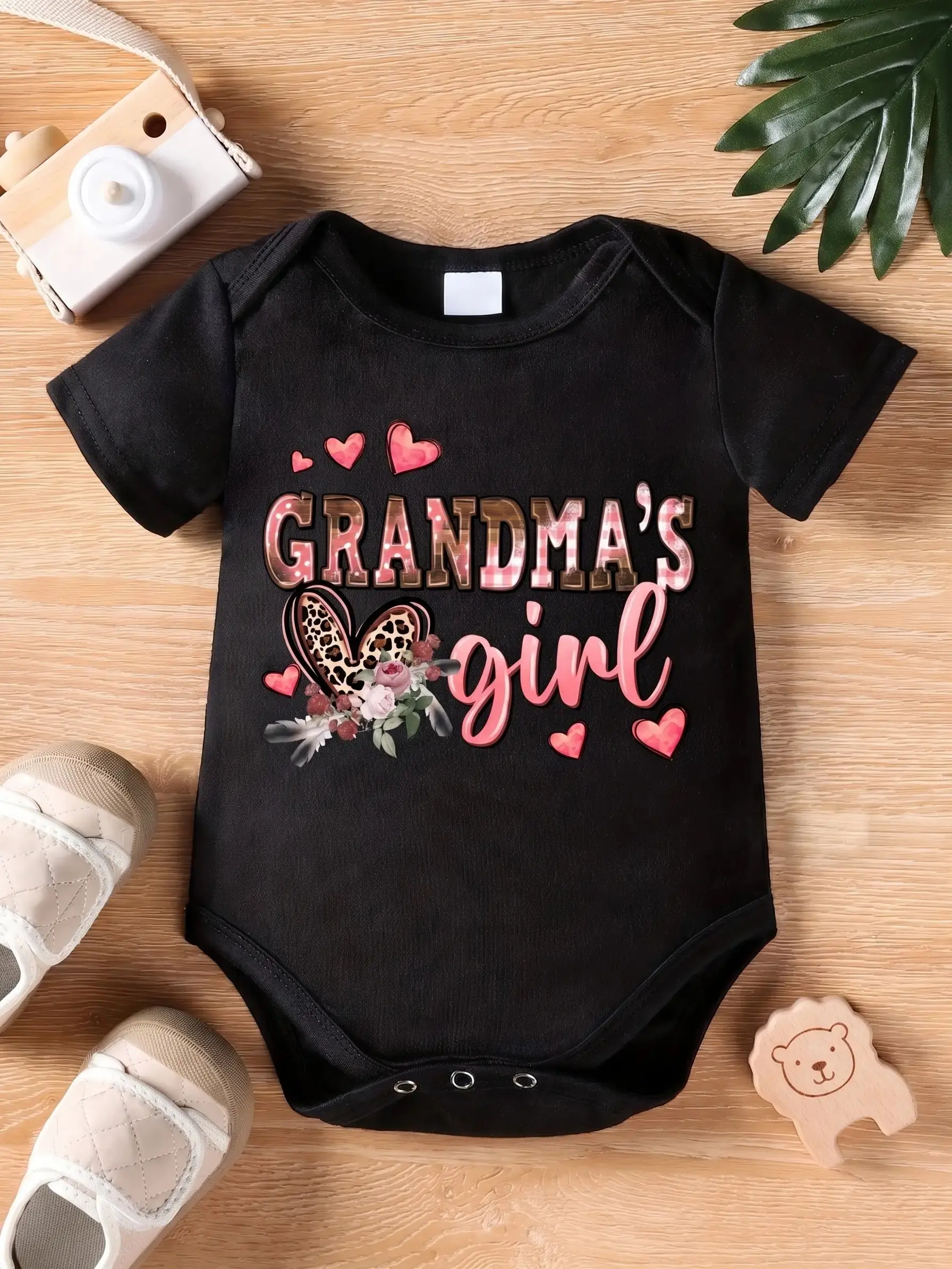 Unisex Black Cotton Baby Bodysuit - Short Sleeve Onesie, Baby Clothes Girl, Infant Newborn Outfit with "Grandma's Girl" Leopard Print, Plaid Print, Cute Floral Heart Graphic