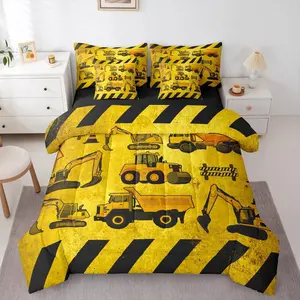 Kids Construction Comforter Bed Set,Boys Cartoon Car 7 Piece Bed Bag,Cartoon Machinery Truck Sheets,and Pillowcases ,Yellow Tractor Excavator Bedding Set