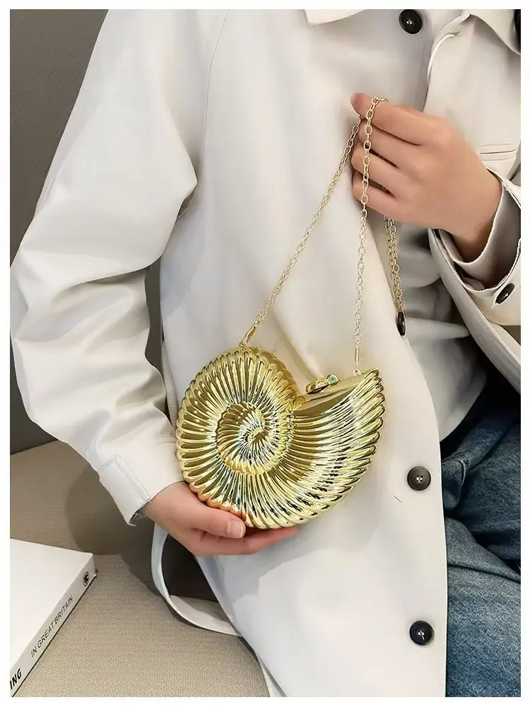 Mini Metallic Shiny Golden Seashell Spiral Bling Evening Bag - Elegant Stylish Beaded Purse, Detachable Chain Handbag, Lipstick Storage Pouch, Glossy ABS Fashionable Evening Accessory for Night Events, Weddings