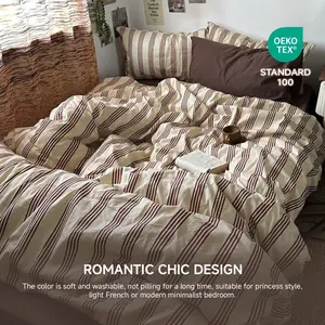 Duvet Cover Set Twin Size Brown White Striped Patterned Bedding Set for Girls Boys Modern Soft Breathable Microfiber Comforter Cover 2 Pieces with Zipper Closure and 1 Pillow Sham